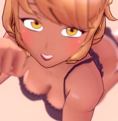 blonde_hair blurry_background blush breasts cat_ears cat_keyhole_bra cat_keyhole_lingerie cat_pose catgirl cleavage close-up crovoic looking_at_viewer neko open_mouth out_of_focus saiko_no_sutoka short_hair tan_skin yellow_eyes yui_ichikawa_(saiko_no_sutoka)