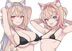 2girls :d armpits arms_behind_head breast_size_difference butabanahanafukku cute_fang female female_only fuwamoco fuwawa_abyssgard hololive hololive_english hololive_english_-advent- huge_breasts large_breasts licking_lips looking_at_viewer medium_breasts micro_bikini mococo_abyssgard sisters skindentation skinny small_breasts upper_body virtual_youtuber