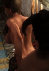 back bijin blue_eyes brown_hair from_behind lips nonstickypants nord nude sinmir skyrim the_elder_scrolls uthgerd_the_unbroken