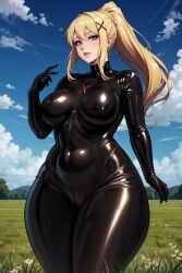 1girls ai_generated alternate_body_type blonde_hair blue_eyes chubby chubby_female darkness_(konosuba) dynamic_pose fat_thighs female female_only hair_ornament kono_subarashii_sekai_ni_shukufuku_wo! latex_bodysuit latex_suit medium_breasts overweight overweight_female parted_lips ponytail solo stable_diffusion thick_thighs tummy tummy_bulge wet_arm wide_hips