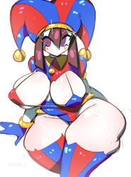 2023 2d 2d_(artwork) 2d_artwork big_breasts big_thighs brown_hair female glitch_productions gloves gooseworx huge_breasts huge_thighs jester jester_cap jester_costume jester_girl jester_hat jester_outfit kaziedell looking_at_viewer micro_bikini pomni_(the_amazing_digital_circus) short_hair the_amazing_digital_circus thick_thighs white_body