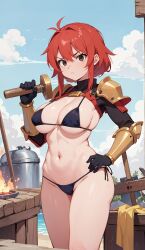 1girls ai_generated angry_face armor armored_bikini bikini bikini_armor black_bikini black_gloves blacksmith blacksmith_hammer blacksmithing blue_sky breasts breasts bronze cloud clouds dark_eyes day female female female_focus forge girl gloves grey_eyes hammer hand_on_hip holding_hammer horizon large_boobs large_breasts looking_at_viewer navel outdoors pauldrons red_hair sand serious short_hair shoulder_armor side_tie_bikini sky solo string_bikini swimsuit toned water