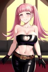 1girls ai_generated bare_shoulders belly belt big_breasts black_gloves black_pants black_strapless brown_belt cleavage_cutout clothing_cutout female female_only fire_emblem fire_emblem:_three_houses gloves hilda_valentine_goneril latex midriff nai_diffusion nintendo pink_eyes pink_hair short_gloves smile solo strapless tubetop twintails