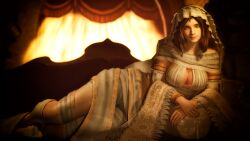 1girls amber_eyes bracer breasts brown_hair cleavage couch curvaceous dark_souls female fromsoftware large_breasts looking_at_viewer lying navel on_side pillow queen_of_sunlight_gwynevere robe sideboob smile solarius_astera solo souls_(from_software) veil