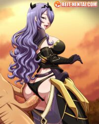 1boy 1girls armor artist_name ass background balls ballsack bare_thighs barely_visible_balls big_ass big_breasts black_panties breasts camilla_(fire_emblem) clothed clothed_female_nude_male clothed_sex erection female female_focus fire_emblem fire_emblem_fates from_behind from_behind_position humanoid humanoid_penis inner_thighs large_breasts long_hair male outdoors panties partial_male penis purple_hair reit scrotum sex smooth_penis standing standing_sex straight sunset testicles thighs underwear