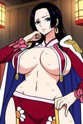 1girls ai_generated belly belly_button big_breasts black_hair blue_eyes boa_hancock breast_curtains breasts covered_nipples curvy curvy_female curvy_figure disgusted earrings female female_focus female_only jarentr large_breasts one_piece stable_diffusion sweat sweating