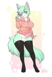 anthro canid canine clothing cute_expression fox gesture gynomorph hi_res hoodie intersex legwear mammal mint_hair minty_(d4c_mintytea) pink_clothing pink_hoodie pink_topwear pixie_cut solo thigh_highs topwear toxicmilkyx v_sign