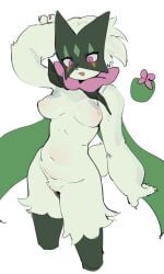 anthro areola biped blush breasts crotch_tuft female fur generation_9_pokemon green_body green_fur hi_res hufy926 medium_breasts meowscarada navel nintendo nipples pink_eyes pokemon pokemon_(species) pokemon_sv simple_background solo tuft white_background