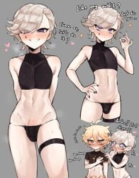 2boys abs aether_(genshin_impact) androgynous blonde_hair btms666 bulge dialogue english_text erect_penis femboy genshin_impact heartbeat lyney_(genshin_impact) male midriff naughty_face panties purple_eyes sound_effects tagme toned toned_male toned_stomach trap twink