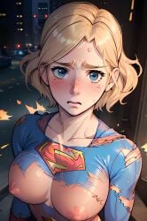 1girls ai_generated blonde_hair blush breasts breasts_out curly_hair damaged_clothes dc dc_comics effineffer embarrassed female kara_danvers kara_zor-el looking_at_viewer navel nipples nude outdoors outside public public_nudity ripped_clothing standing supergirl superman_(series) torn_clothes torn_clothing