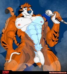 1boy abs anthro balls biceps bigshadowdragon blue_nose casual_nudity deltoids felid feline felis flaccid foreskin frosted_flakes fur genitals hi_res humanoid_genitalia humanoid_hands humanoid_penis kellogg's male male_only mammal mascot muscular muscular_anthro muscular_male navel nipples nude orange_body pantherine pecs penis plantigrade quads shower simple_background solo steam stripes tiger tony_the_tiger unretracted_foreskin white_body