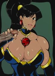 1boy 1boy1girl 1girls 2d angry censored cum_on_breasts cum_on_clothes cum_on_face dark-skinned_female dark_skin dc dc_comics disgusted dubious_consent ear_piercing earrings erection female forced glaring handjob hman justice_league:_crisis_on_two_earths leotard looking_at_viewer male male/female mary_batson muscles partial_male penis ponytail precum simple_background straight superwoman superwoman_(mary_batson) uncomfortable villain villainess yellow_cum