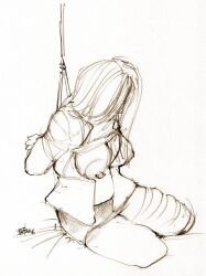 2016 arms_tied_behind_back bondage female kneeling nipple_piercing sketch solo_female the_veterinarian tits_out