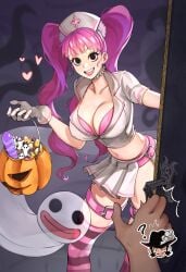 1boy 1girls big_breasts breasts bursting_breasts candy cleavage dildo dracule_mihawk female female_focus ghost gloves goth_girl halloween halloween_costume horo_horo_no_mi jerrydurd lolita_fashion looking_at_viewer male midriff nurse nurse_cap one_piece perona pink_hair pov pumpkin skimpy skimpy_clothes solo thick_thighs thighhighs trick_or_treat twintails