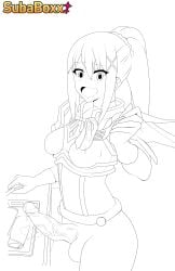 1futa big_penis bottomless breasts clothed clothing cum darkness_(konosuba) dustiness_ford_latatina erection fluids food futa_only futanari human kono_subarashii_sekai_ni_shukufuku_wo! line_art monochrome open_mouth partially_clothed penis solo standing subaboxx