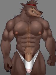 1boy 2022 anthro barazoku big_penis boner bulge bulge_through_clothing canid canine canis dire_(fortnite) epic_games erection fangs fleshformomo fortnite fur furry gay hi_res highres humanoid_genitalia humanoid_penis looking_at_viewer male male_focus male_only mammal manly muscular_anthro nipples penis penis_outline solo solo_male speedo teeth teeth_visible thong underwear werecanid werecanine werewolf wolf