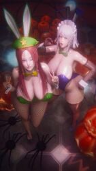 2girls 3d bunnysuit fellatio_gesture female ftnrmst high_heels hong_meiling huge_ass huge_breasts pantyhose sakuya_izayoi thick_thighs touhou wide_hips