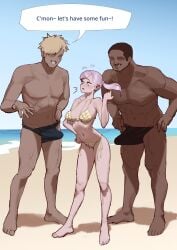 1girls 2boys absurdres barefoot beach bikini black_clover black_hair blonde_hair blue_sky breasts bulge dark-skinned_male dark_skin day english_text erection erection_under_clothes female full_body grin hand_on_own_hip hand_up highres large_breasts large_penis looking_at_another looking_at_penis male male_swimwear multiple_boys muscular muscular_male navel noelle_silva outdoors penis penis_awe pink_hair sky smile speech_bubble stomach swim_briefs swimsuit text twintails wide-eyed wjs07