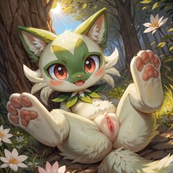 1girls :3 ai_generated blush cheek_tuft cute cute_fangs fangs feline female female_only feral feral_only flowers fluffy fluffy_tail forest generation_9_pokemon grass green_body green_fur inner_ear_fluff looking_at_viewer mengxi open_:3 open_mouth pawpads paws pokémon_(species) pokemon pokemon_(species) pokemon_sv pussy pussy_juice red_eyes sprigatito sweat tail tongue