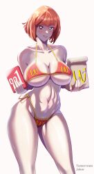 1girls alternate_breast_size big_breasts bikini bob_cut breasts busty condom curvaceous curvy curvy_body curvy_female curvy_figure female huge_breasts large_breasts licking_lips mcdonald's milf mom_(japanese_mcdonald's_commercial) mother orange_hair tomorrowsjoker voluptuous white_background yoru_mac