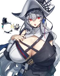 alternate_breast_size arknights big_breasts cleavage doctor_(arknights) female huge_breasts irene_(arknights) light-skinned_female long_hair looking_at_viewer mature_female melon22 pale-skinned_female pale_skin red_eyes specter_(arknights) white_hair white_skin