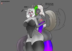 anthro areola big_breasts bodily_fluids breasts canid canine canis crossover duo ear_piercing eyebrow_piercing facial_piercing female female/female five_nights_at_freddy's five_nights_at_freddy's:_security_breach fur goth grey_body grey_fur hair hellhound helluva_boss liafurr loona_(helluva_boss) mammal nipples piercing roxanne_wolf_(fnaf) saliva saliva_string scottgames steel_wool_studios tail tailwag wolf