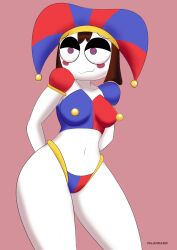 2023 2d 2d_(artwork) 2d_artwork artist_request big_thighs breasts brown_hair female glitch_productions gloves gooseworx jester jester_cap jester_costume jester_girl jester_hat jester_outfit looking_to_the_side panties pomni pomni_(the_amazing_digital_circus) short_hair small_breasts smug smug_face the_amazing_digital_circus thick_thighs white_body