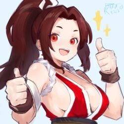 1girl artist_name breasts brown_hair cleavage clothed_female cute cute_expression drawchill_s fatal_fury female_focus female_only king_of_fighters looking mai_shiranui ponytail ponytail_female red_clothes red_clothing red_eyes shoudler_tuft sideboob snk tagme thumbs_up wholesome