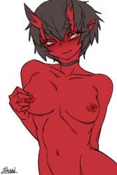 black_hair breasts choker female kidouko_(zakusi) nude oni oni_horns red_skin short_hair yellow_eyes zakusi