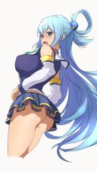 1girls aqua_(konosuba) ass bare_shoulders blue_eyes blue_hair blush breasts female from_below kono_subarashii_sekai_ni_shukufuku_wo! large_breasts long_hair looking_at_viewer microskirt nijizuki_shino no_panties open_mouth simple_background skirt solo white_background