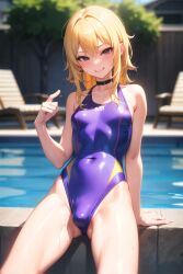 ai_generated blonde_hair bulge bulge_through_clothing choker day daytime futanari gray_eyes light-skinned_futanari looking_at_viewer pointing_at_self pool promptchan sitting small_breasts small_penis smirk smirking_at_viewer swimsuit