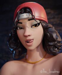 1boy 1girls 3d alternate_version_available blender brown_hair brunette cap close-up collarbone curly_hair detailed_background epic_games face_closeup face_focus female_focus fortnite fortnite:_battle_royale highres lewdrex light-skinned_female light_skin looking_at_viewer male male/female necklace nude nude_female smile smiling solo solo_focus topless triple_threat watermark