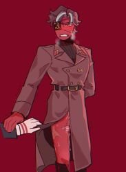 blush communism countryhumans egg_vibrator embarrassed eyepatch gay hammer_and_sickle military_uniform red_background red_body scar soviet_union_(countryhumans) taped_vibrator united_states_of_america_(countryhumans) vibrator vibrator_under_clothes