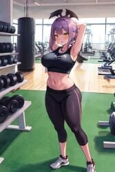 ai_generated belly_button big_breasts green_eyes gym gym_clothes hololive public purple purple_hair stomach tank_top thick_thighs tokoyami_towa virtual_youtuber weights yoga_pants