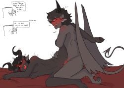 1boy 1boy1girl 1girls azazel_(the_binding_of_isaac) black_hair black_sclera broken_horn demon demon_girl demon_tail eve_(the_binding_of_isaac) female horns male monster_cock nude red_sclera short_hair the_binding_of_isaac wings