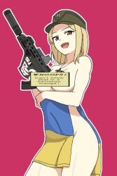 1girls azov_chan blonde_female blonde_hair blonde_hair_female censored censored_breasts female firearm gun human kotorigaka looking_at_viewer marichka national_personification outline pale_skin rifle russo-ukrainian_war simple_background slavic solo suppressor towel towel_only ukraine ukrainian ukrainian_flag ukrainian_girl weapon white_outline