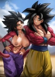 1boy 1girls abs big_breasts breasts caulifla cleavage dragon_ball dragon_ball_gt dragon_ball_super elitenappa female female_saiyan fur goku male male_saiyan nipples saiyan saiyan_tail son_goku super_saiyan_4 tail tight_pants topless universe_6/universe_7 universe_6_saiyan/universe_7_saiyan yellow_eyes young_woman