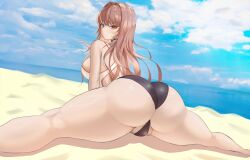 ass beach black_choker black_one-piece_swimsuit breasts choker closed_mouth day female flexible from_behind frown goddess_of_victory:_nikke hair_intakes huge_ass large_breasts light_blush light_brown_hair long_hair looking_at_viewer ocean official_alternate_costume one-piece_swimsuit outdoors partially_visible_vulva rapi_(classic_vacation)_(nikke) rapi_(nikke) red_eyes sand solo splits spread_legs swimsuit two-tone_swimsuit water white_one-piece_swimsuit zepiros