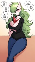 1girls alternate_breast_size alternate_version_available breasts chest_spike clothed dialogue english_text female female_pokemon gardevoir green_hair hair_over_one_eye huge_breasts large_breasts long_hair mega_evolution mega_gardevoir nintendo no_humans pokemon pokemon_(species) saltyxodium smile text thick_thighs wholesome