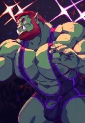 1boy abs bara beard black_bodysuit blue_eyes bodysuit brown_hair colored_skin crotch_cutout facial_hair feet_out_of_frame fighting_stance from_below green_skin hands_up highres huge_pectorals looking_ahead male_focus male_only mature_male monster_boy muscular muscular_male nipples nose_piercing nose_ring orc original penis penis_peek piercing pointy_ears short_hair solo stomach suspenders taoren thick_eyebrows tusks v-shaped_eyebrows wrestler wrestling wrestling_outfit