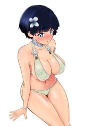 1girls bangs bikini blue_eyes blue_hair blunt_bangs collarbone eyebrows_visible_through_hair female flower flower_in_hair large_breasts light-skinned_female light_skin mash_mao medium_hair necklace nipple_bulge open_mouth senran_kagura simple_background sitting sling_bikini_top solo straight_hair thick_thighs white_background yozakura_(senran_kagura)