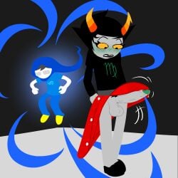 1boy 1futa assisted_exposure balls black_hair black_lipstick blush blush_lines bottomless breasts clothed clothing edit edited edited_art edited_image embarrassed erection futa_focus futanari genitals god_tier_outfit grey_skin himitsu homestuck horns huge_cock humanoid humanoid_penis john_egbert kanaya_maryam lifted_skirt male mostly_clothed ms_paint_adventures orientation_play penis short_hair smooth_balls smooth_penis standing troll upskirt wardrobe_malfunction wind