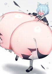 areola_slip blue_hair breast_expansion bursting_clothes cat_ears gigantic_breasts hyper_breasts inumonekomoku maid_uniform original original_character shocked shocked_expression short_hair suprised torn_clothes