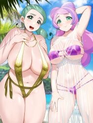 2girls beach bikini cowboy_shot embarrassed female female_only hands_on_breasts huge_breasts katy_(pokemon) kusaka_souji lipstick micro_bikini milf miriam_(pokemon) one_arm_up painted_nails pokemon pokemon_sv sling_bikini smile veil