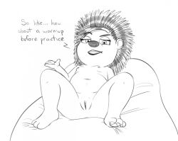 anthro becky_(sing) cocky crested_porcupine female front_view genitals hi_res illumination_entertainment lying mammal navel old_world_porcupine on_back porcupine presenting presenting_pussy pussy rodent seductive sing_(movie) sitting slightly_chubby solo teot text