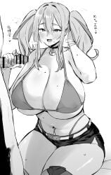 1boy absurdres after_fellatio after_oral azur_lane bar_censor bare_arms bare_shoulders blush bracelet breasts bremerton_(azur_lane) censored cleavage female highres hotate-chan japanese_text jewelry micro_shorts mole mole_on_breast mole_under_eye monochrome navel_piercing open_mouth penis piercing saliva saliva_trail shorts smile solo_focus straight text thighs translated twintails underboob