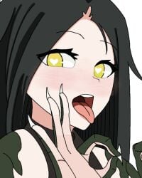 1girls black_hair black_leotard heart_shaped_pupils leotard long_hair looking_at_viewer open_mouth oral_invitation reptilia_queen saliva scp-682 scp_foundation sexually_suggestive simple_background solo symbol_shaped_pupils teeth tongue tongue_out upper_teeth_only uvula white_background yellow_eyes