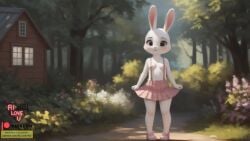 ai_generated anthro breasts bunny_ears bunny_girl forest furry happy_the_rabbit milunia skirt smaller_female stable_diffusion suspenders tabaluga_(series) topless white_fur