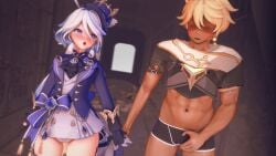 3d aether_(genshin_impact) after_sex blonde_hair cum_leaking_out_of_pussy dominant_male domination furina_(genshin_impact) holding_hands horny_female koikatsu long_hair mihoyo muscular_male p straight taller_male