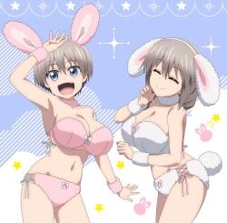 2girls :d ^_^ absurdres animal_ears blue_hair bra breasts cleavage closed_eyes facing_viewer fake_animal_ears grey_hair highres large_breasts looking_at_viewer mature_female milf mother_and_daughter multiple_girls navel oerba_yun_fang official_art open_mouth panties pink_bra pink_panties rabbit_ears rabbit_symbol rabbit_tail short_hair smile source_request star_(symbol) tagme tail underwear uzaki-chan_wa_asobitai! uzaki_hana uzaki_tsuki white_bra white_panties